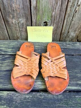 Beek Swallow Woven Leather Slide Sandals - Tan, Size 8